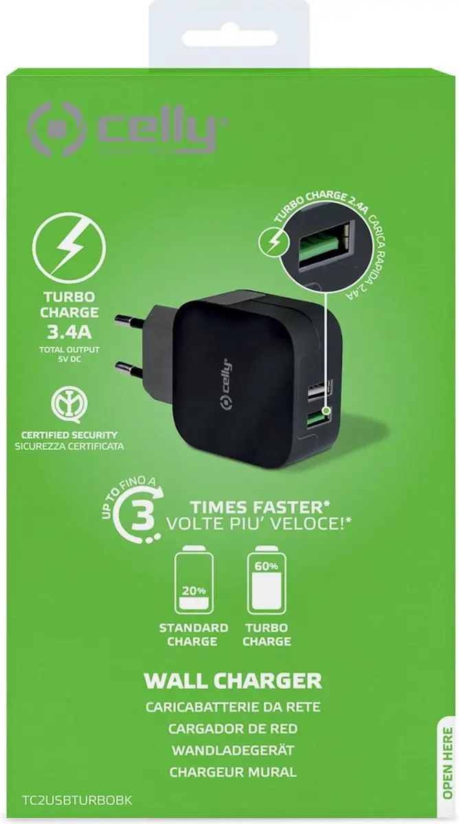 Celly TC2USBTURBOBK Oplader 2x USB 3.4A - Zwart