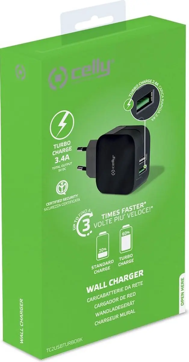 Celly TC2USBTURBOBK Oplader 2x USB 3.4A - Zwart