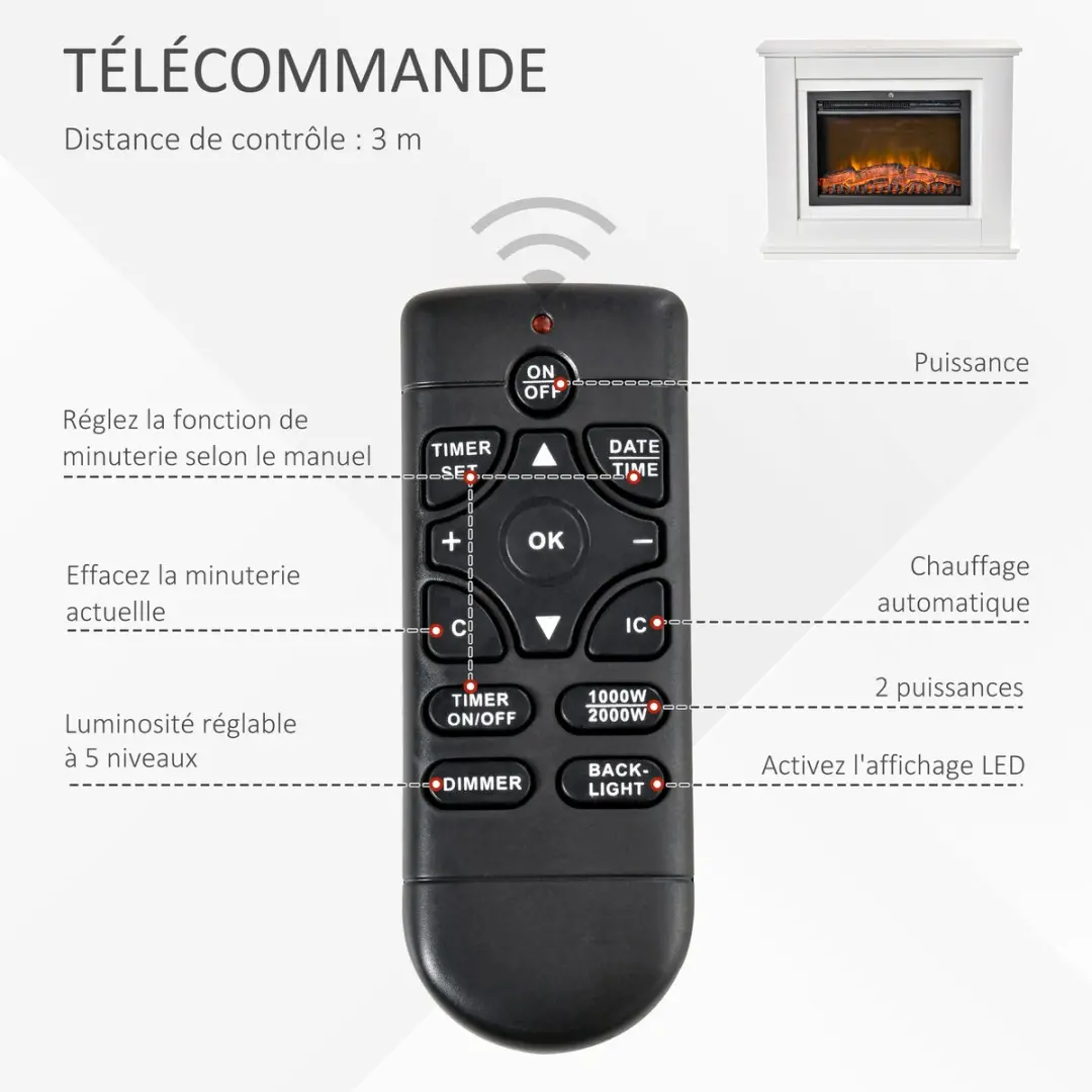 Homcom Elektrische Haard 98x27,5x80cm - Wit - afbeelding 5 van 6