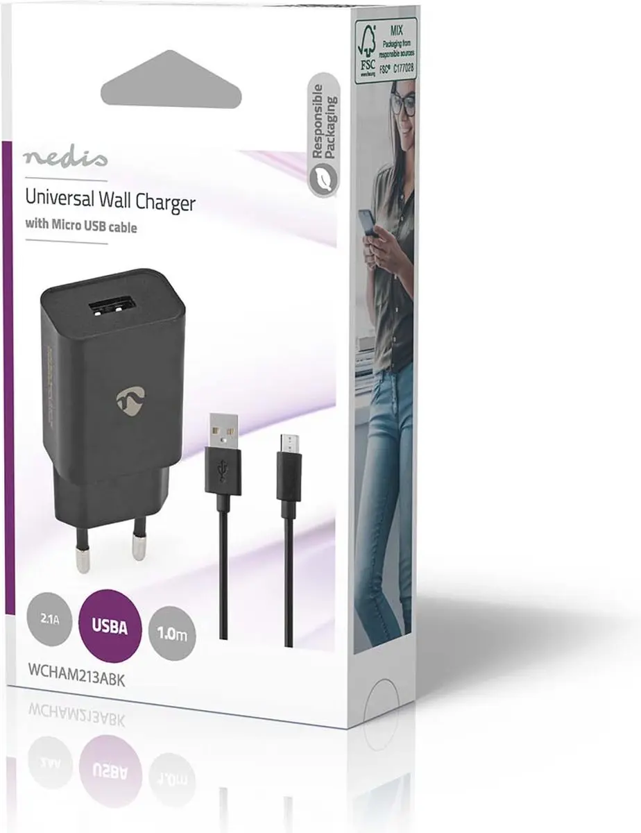 Nedis WCHAM213ABK Oplader 12W - USB-A - Micro-USB - 1m - Zwart