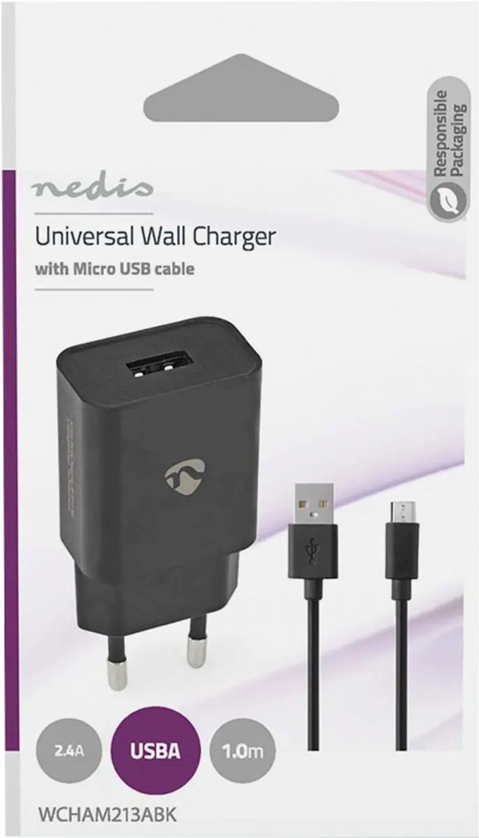 Nedis WCHAM213ABK Oplader 12W - USB-A - Micro-USB - 1m - Zwart