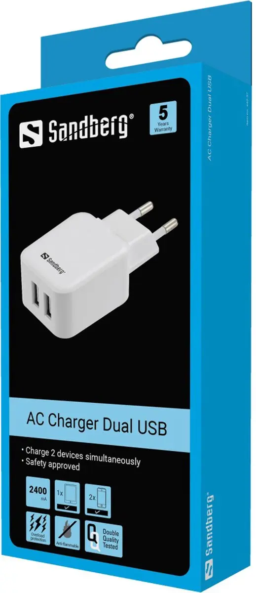 Sandberg AC Oplader 12W Dual USB - 2x USB - Wit