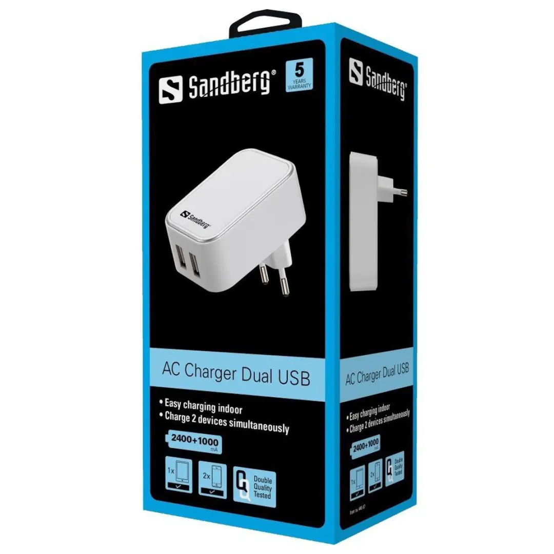 Sandberg AC Oplader 12W Dual USB - 2x USB - Wit