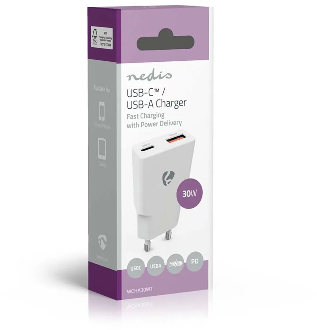Nedis WCHA30WT Oplader 30W - USB-A/USB-C - Wit - afbeelding 6 van 6