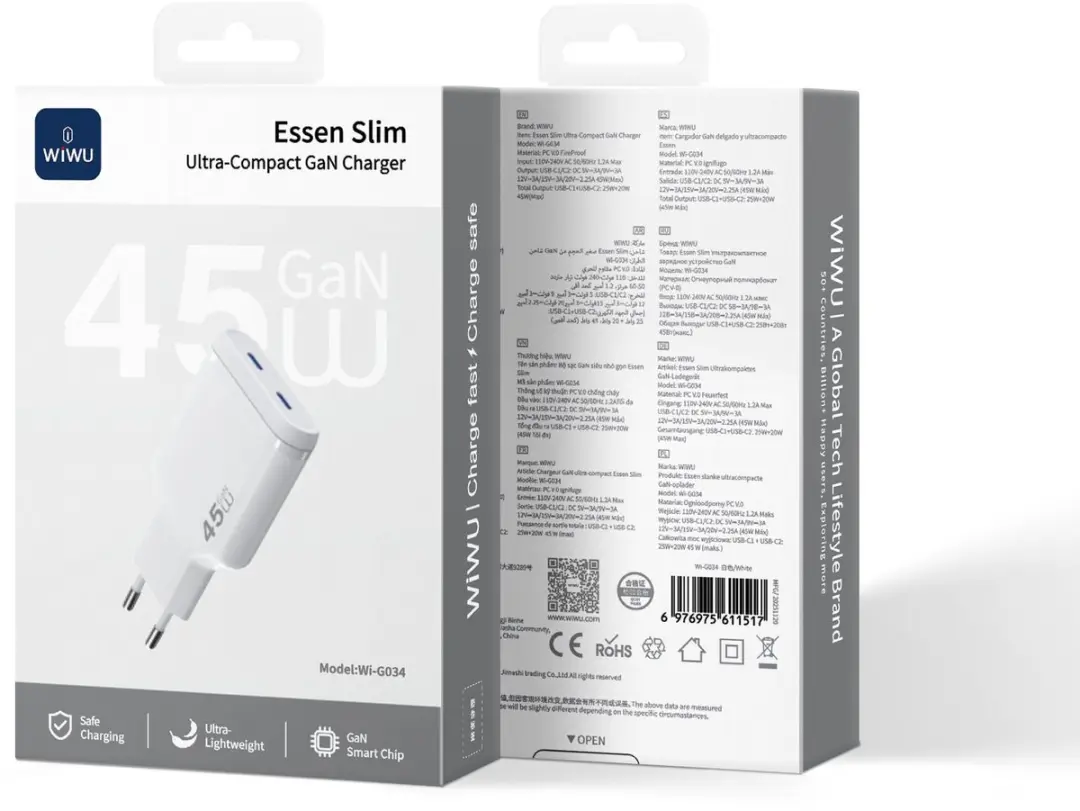 WiWu Essen Slim 45W USB-C Oplader - 2 Poorten - GaN Technologie - Wit
