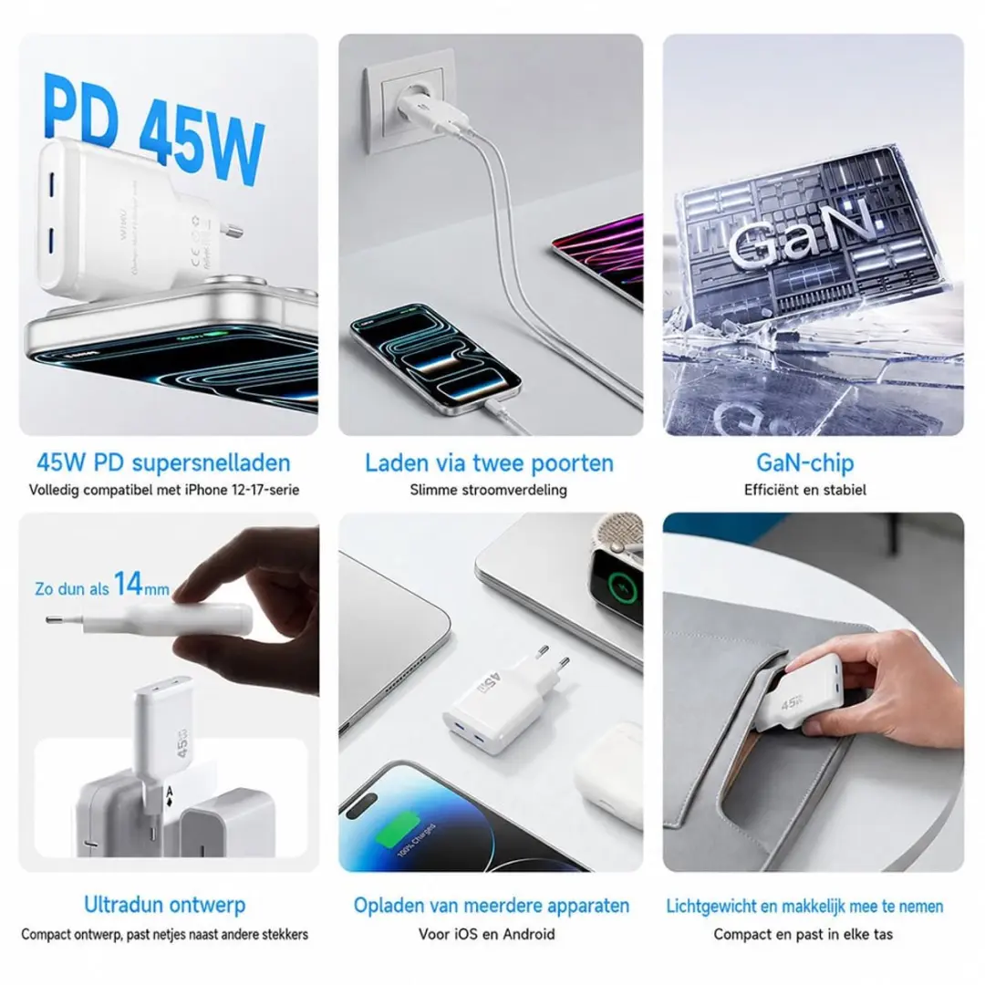WiWu Essen Slim 45W USB-C Oplader - 2 Poorten - GaN Technologie - Wit