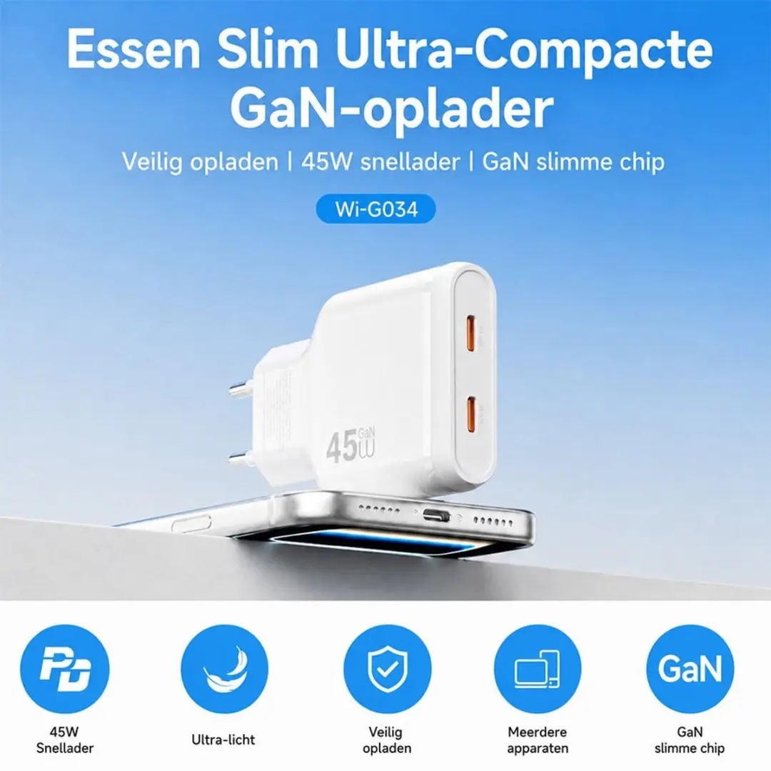 WiWu Essen Slim 45W USB-C Oplader - 2 Poorten - GaN Technologie - Wit