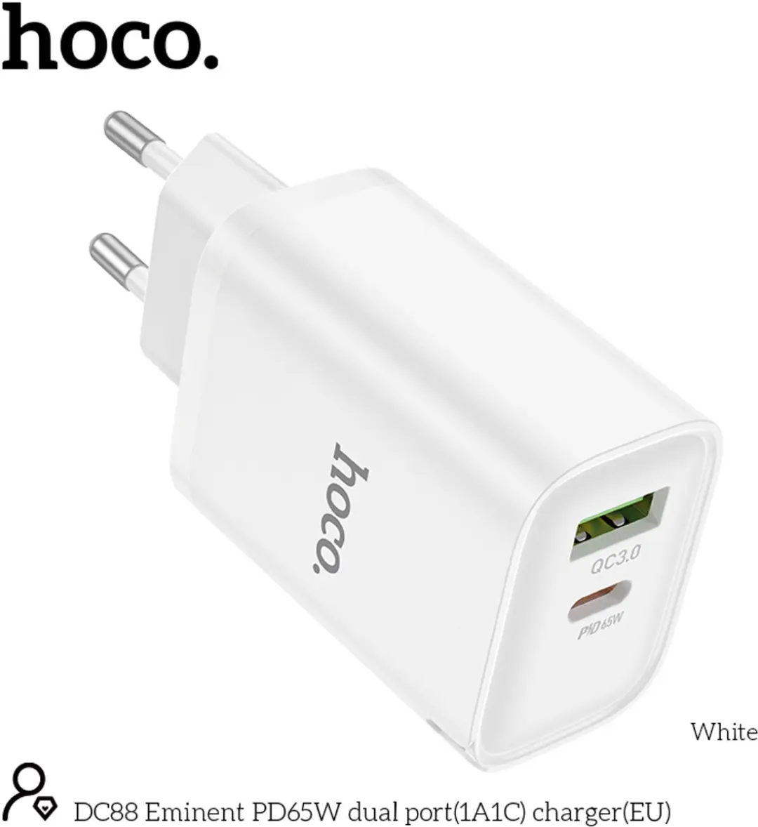 Hoco DC88 2-Poort Oplader 65W - PD QC3.0 - Wit - afbeelding 6 van 6