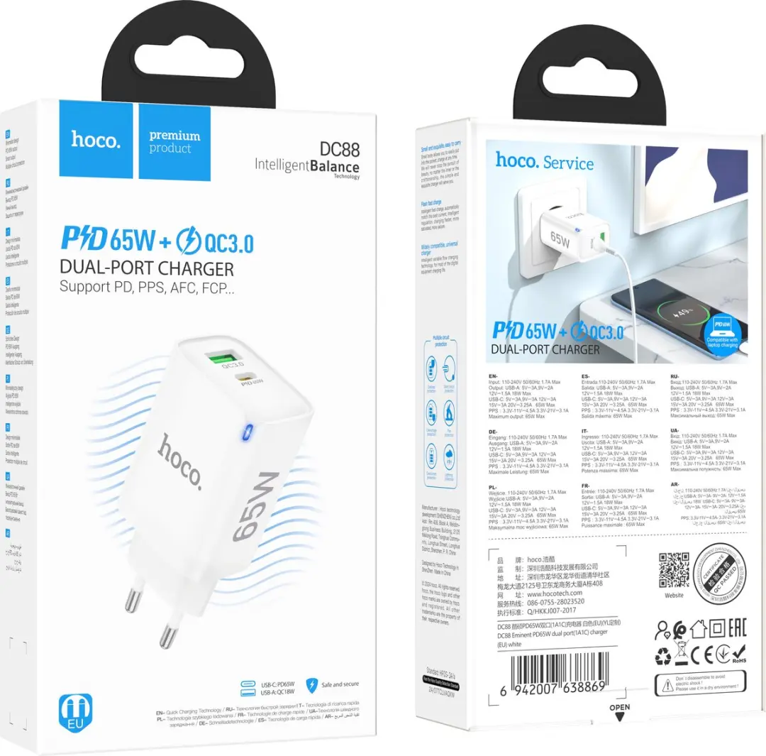 Hoco DC88 2-Poort Oplader 65W - PD QC3.0 - Wit