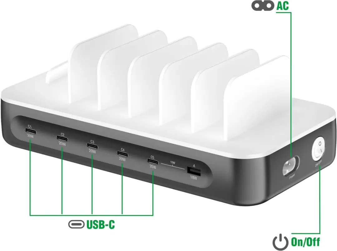 4Smarts Team 100W Laadstation - 5x USB-C 1x USB-A - Grijs