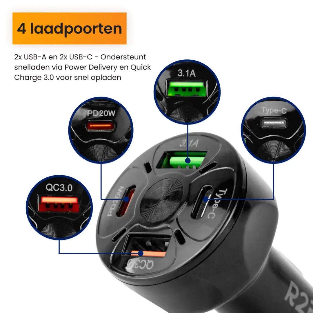 R2B Autolader USB C & USB A 4 Poorten 30W - Zwart