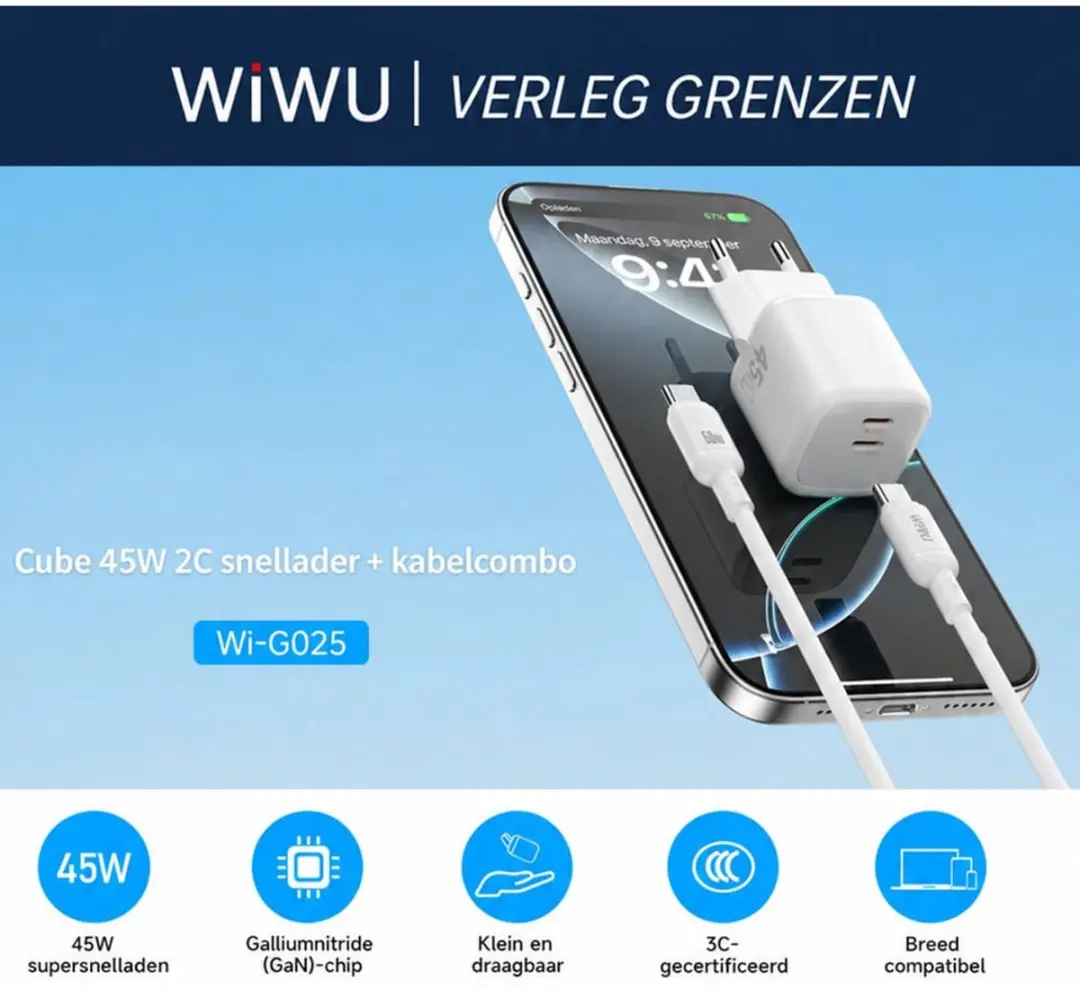 WiWu Oplader Cube 45W USB-C Dual Type-C - 2x PD - Wit - afbeelding 6 van 6