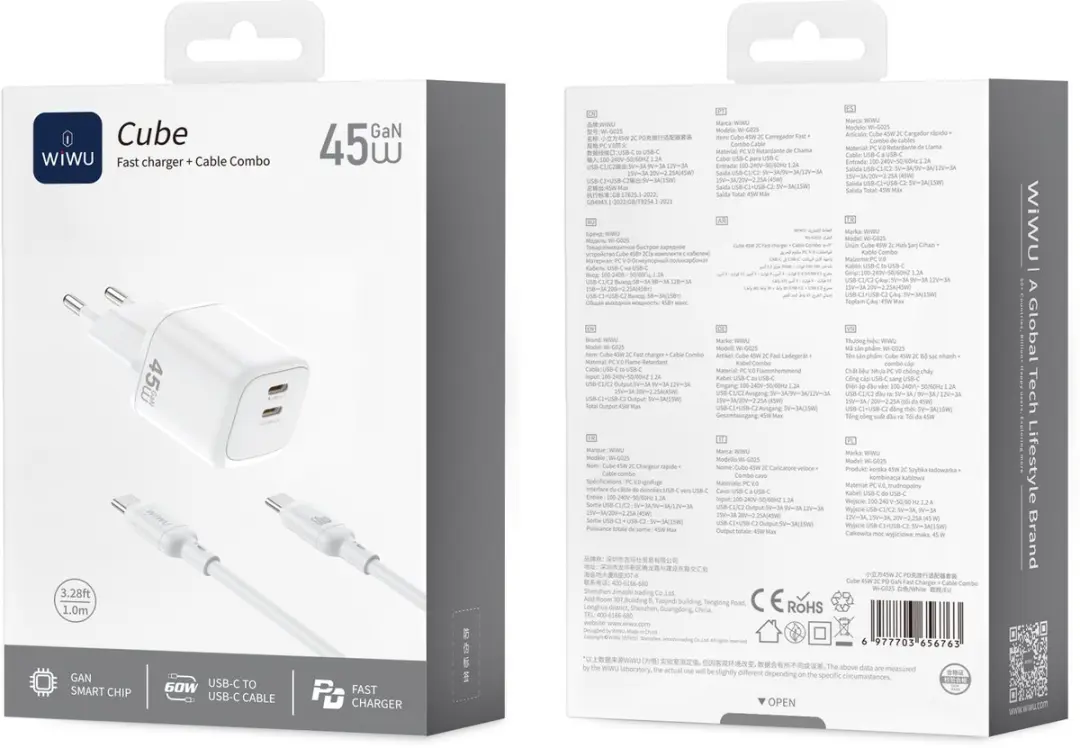 WiWu Oplader Cube 45W USB-C Dual Type-C - 2x PD - Wit