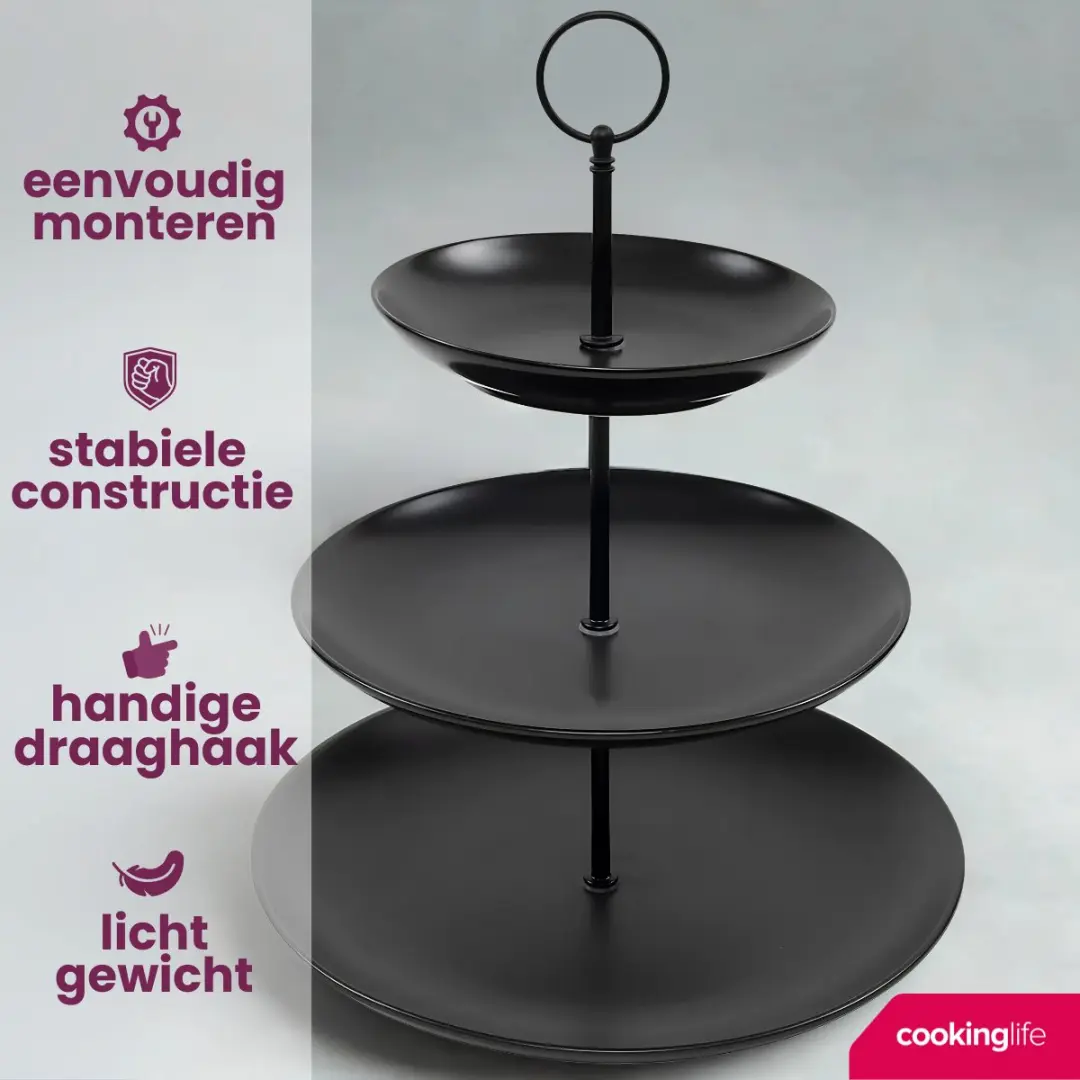Cookinglife Etagère - 3-laags Ø16/21/26cm - Zwart
