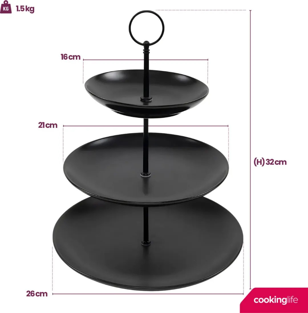 Cookinglife Etagère - 3-laags Ø16/21/26cm - Zwart