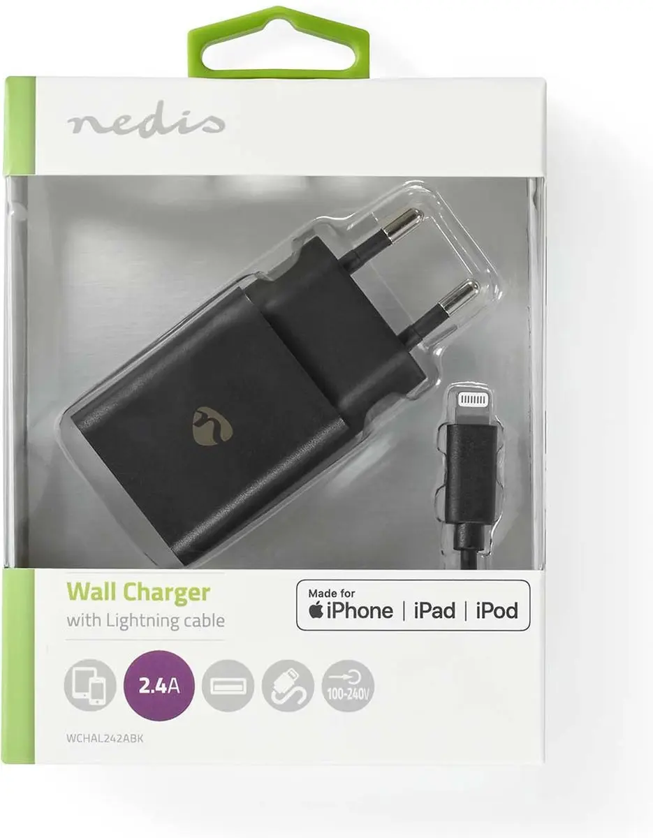 Nedis WCHAL242ABK Oplader 12W - USB-A Lightning 1m - Zwart