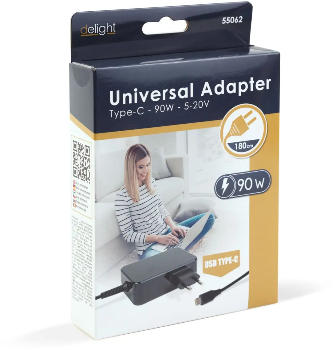 Delight USB-C Laptop Oplader 90W Power Delivery - 1,8m - Zwart