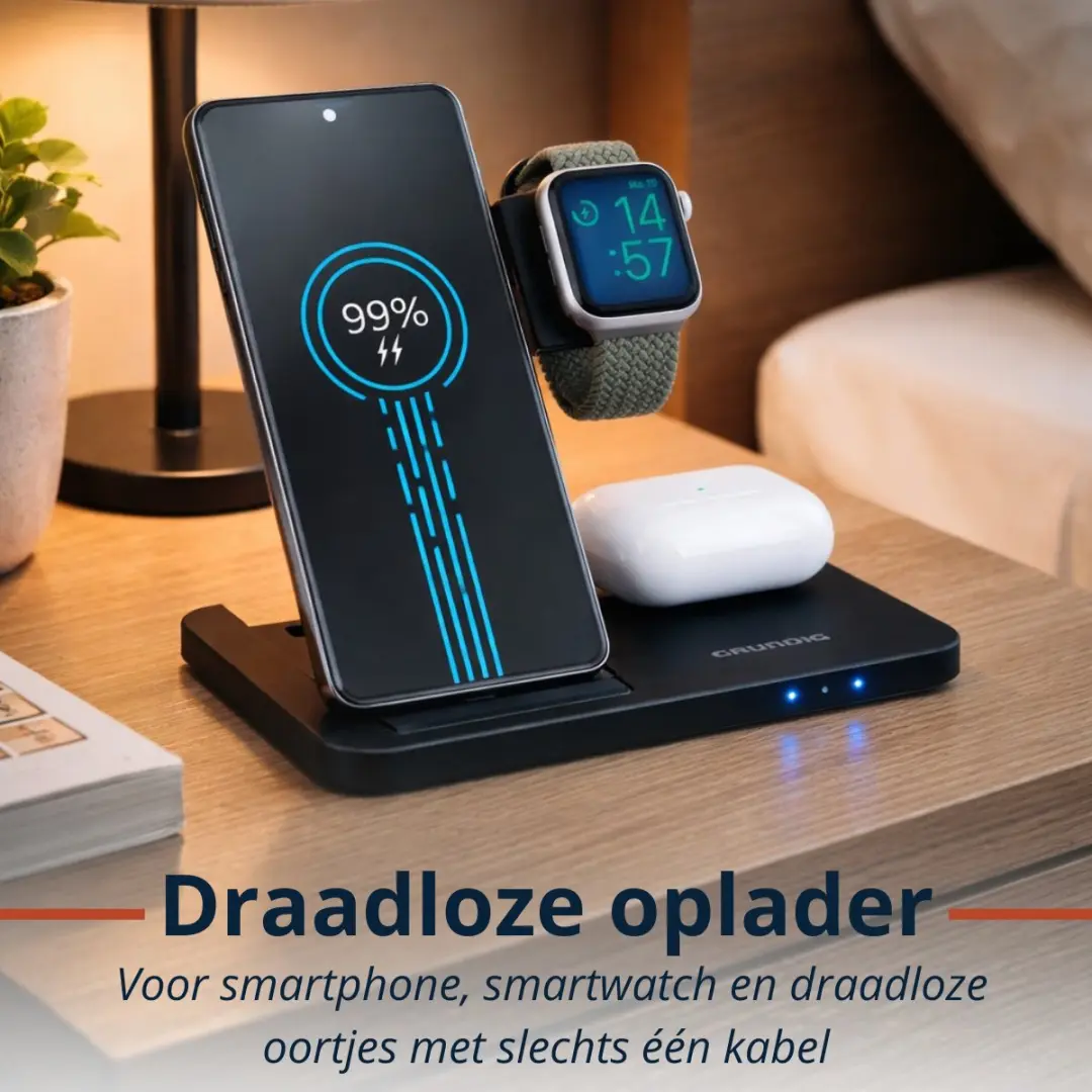 Grundig 3-in-1 Draadloos Oplaadstation - 10W - Zwart - afbeelding 6 van 6