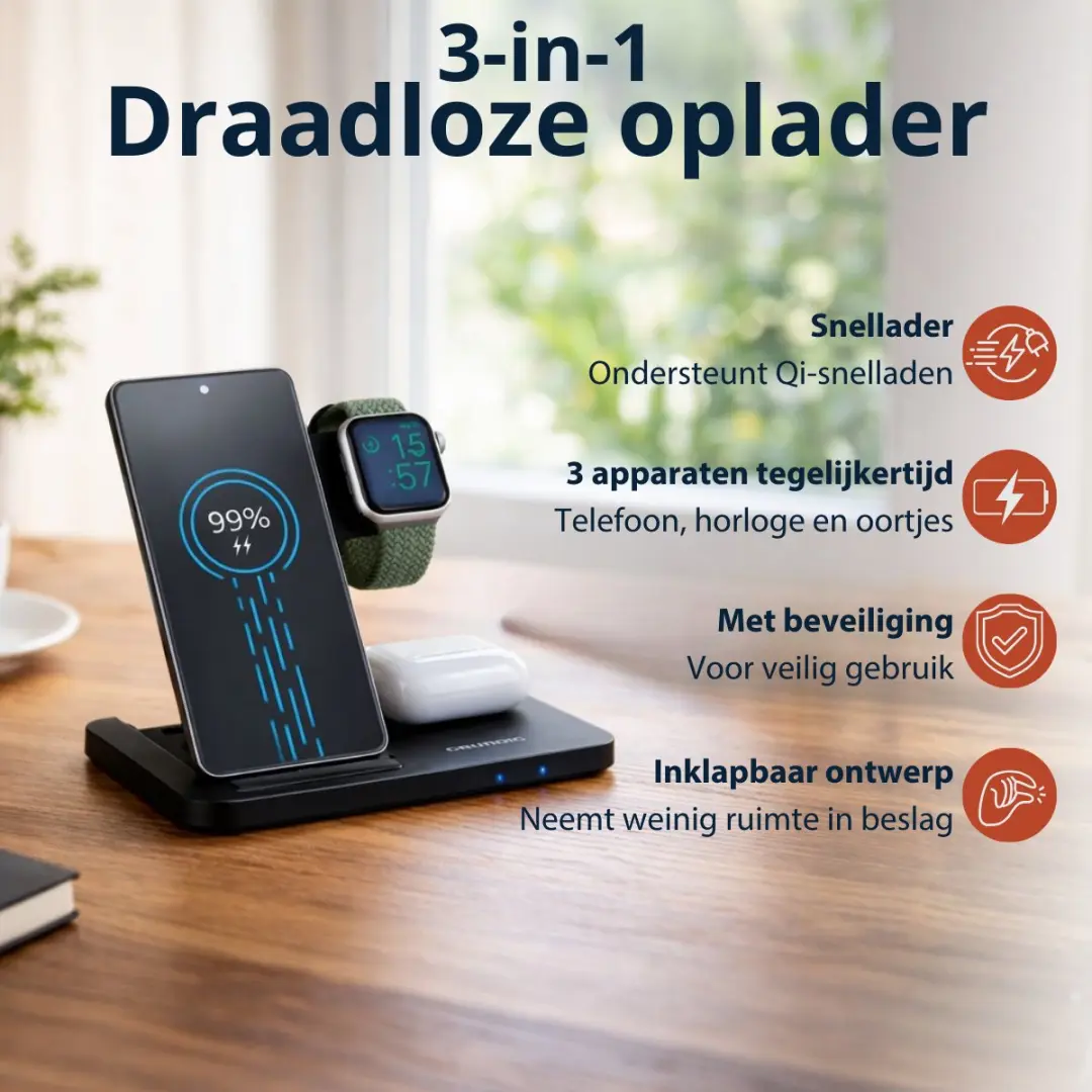 Grundig 3-in-1 Draadloos Oplaadstation - 10W - Zwart