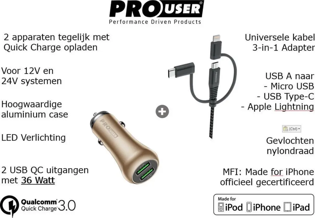 Pro-User 36W Dual USB Auto Lader - Goud