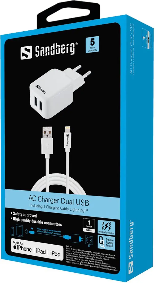 Sandberg 441-03 AC Charger EU - 2x Lightning 2.4A - Wit