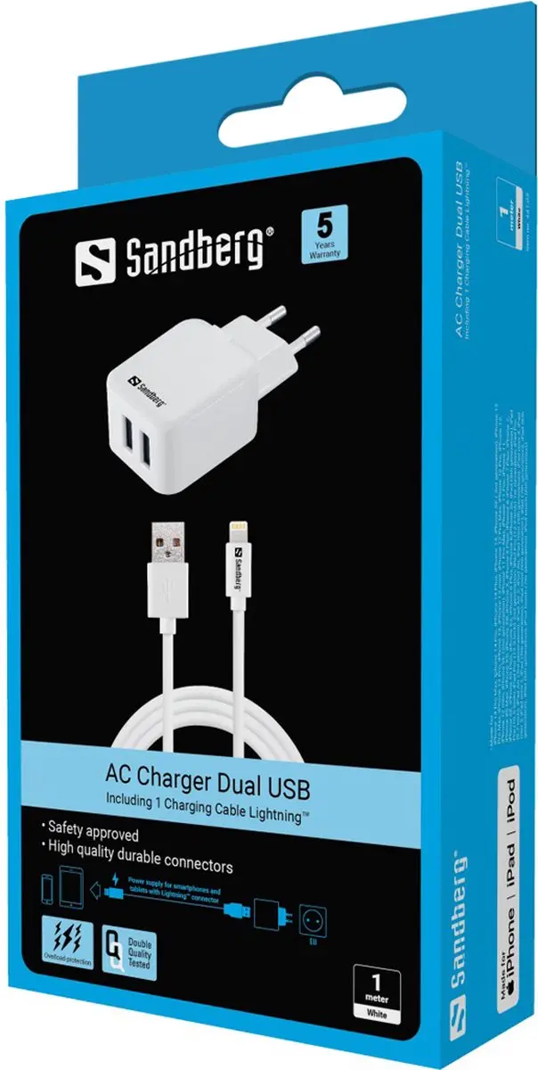 Sandberg 441-03 AC Charger EU - 2x Lightning 2.4A - Wit