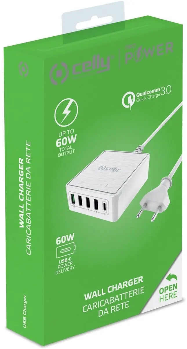 Celly PSUSBC60WWH Oplader 60W - 5 Poorten Wit