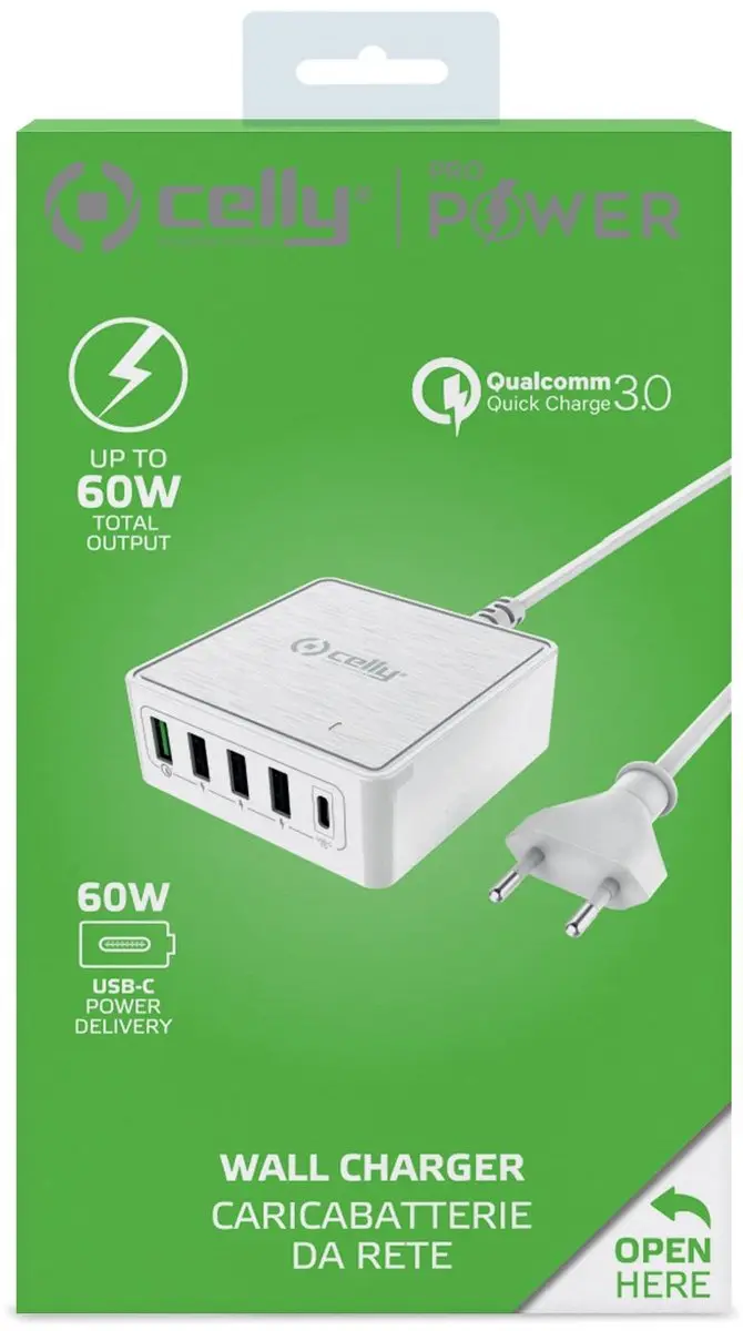 Celly PSUSBC60WWH Oplader 60W - 5 Poorten Wit