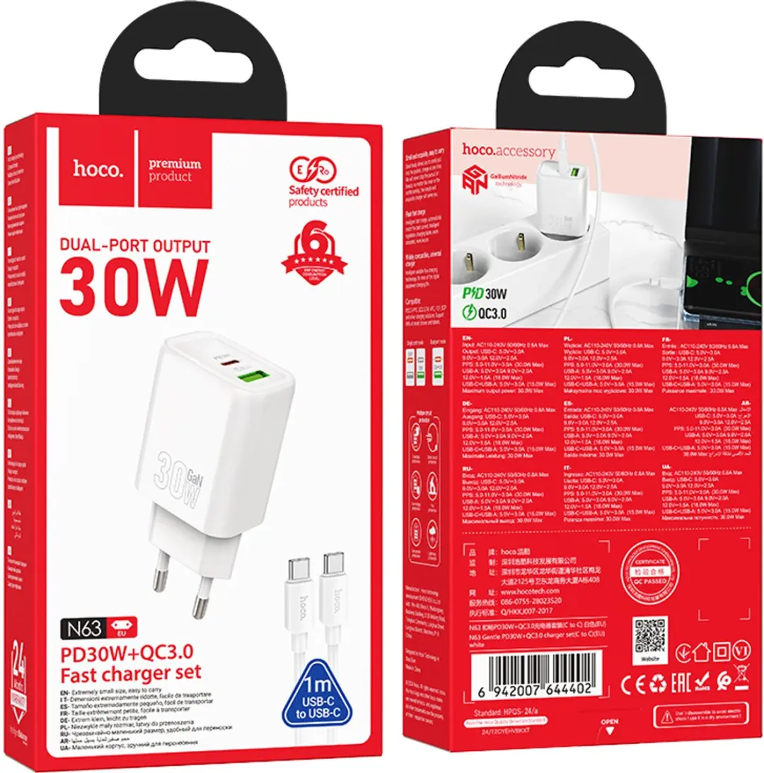 Hoco 30W Snellader - 2x USB-C - Wit