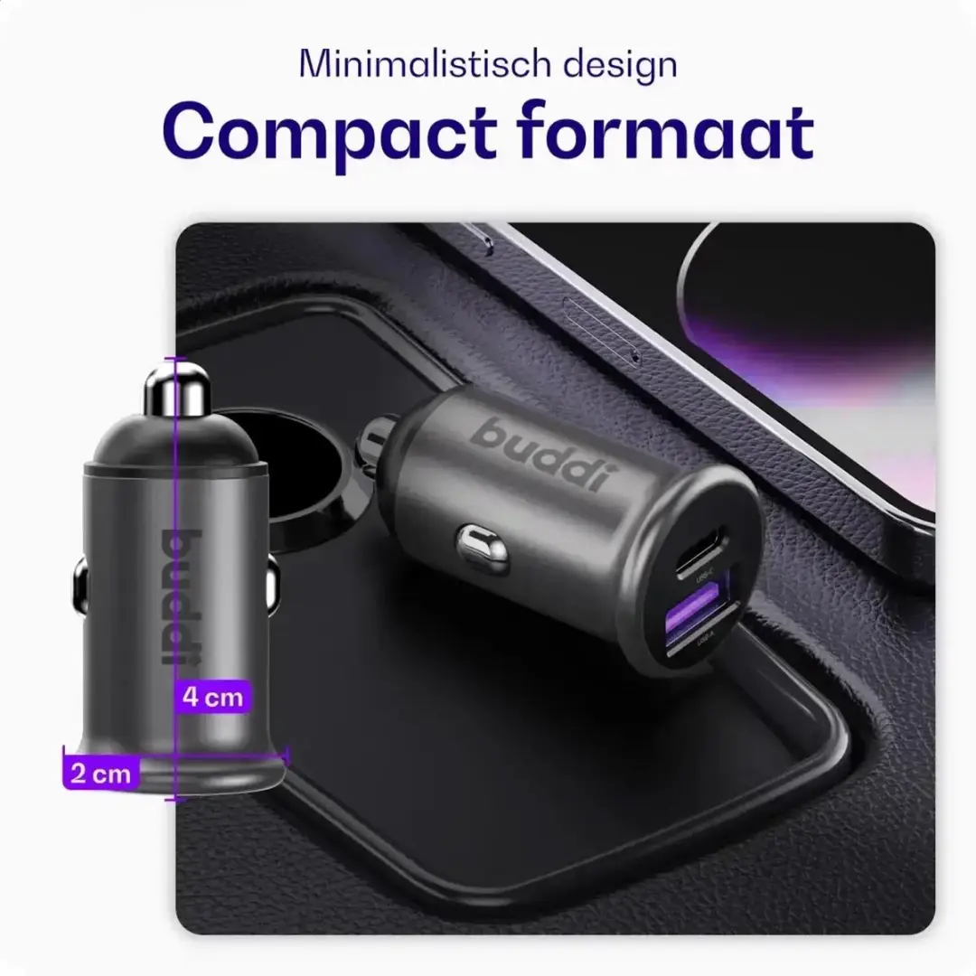 Buddi Power USB-C Autolader 45W - 2 Poorten - Zwart