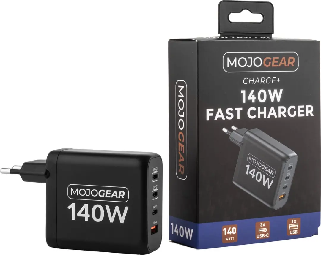 MOJOGEAR CHARGE+ 140W Oplader - 4 Poorten - USB-C 3m - Zwart