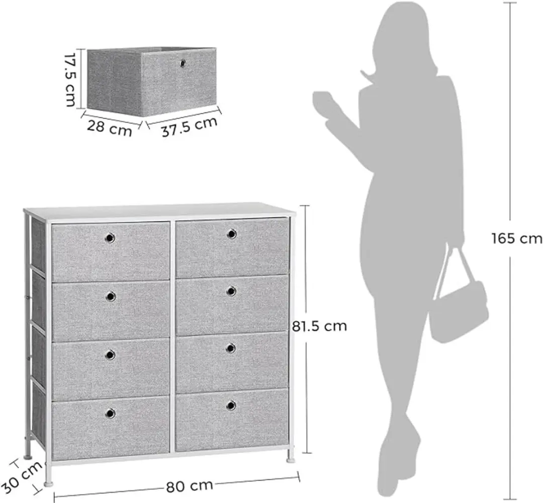 Songmics Ladekast 8 Lades - 150L - Lichtgrijs/Wit - afbeelding 2 van 6