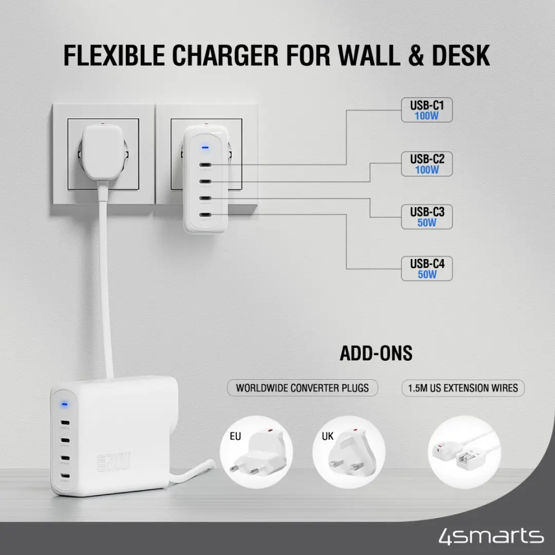 4Smarts GaN Flex Pro 200W 544200 USB-C Lader - 4 Poorten - Wit