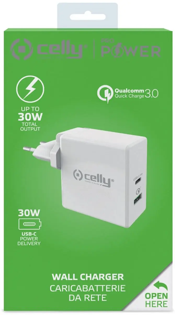 Celly Wandlader Pro Delivery 30W USB/USB-C - 2x USB - Wit