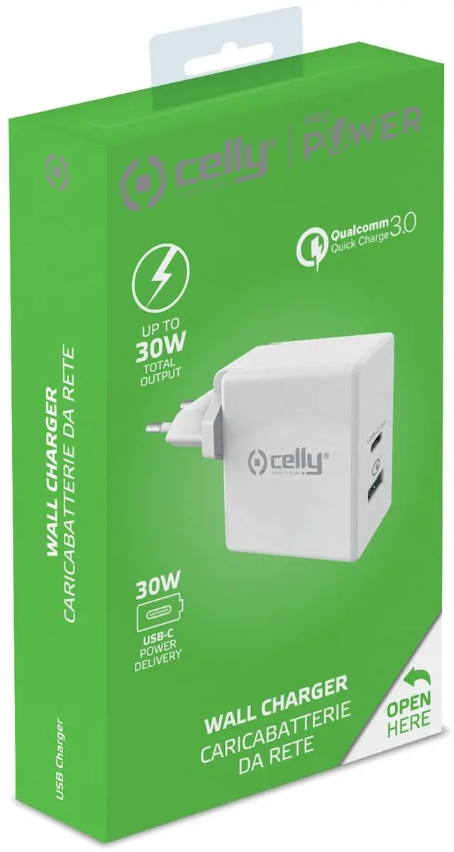 Celly Wandlader Pro Delivery 30W USB/USB-C - 2x USB - Wit