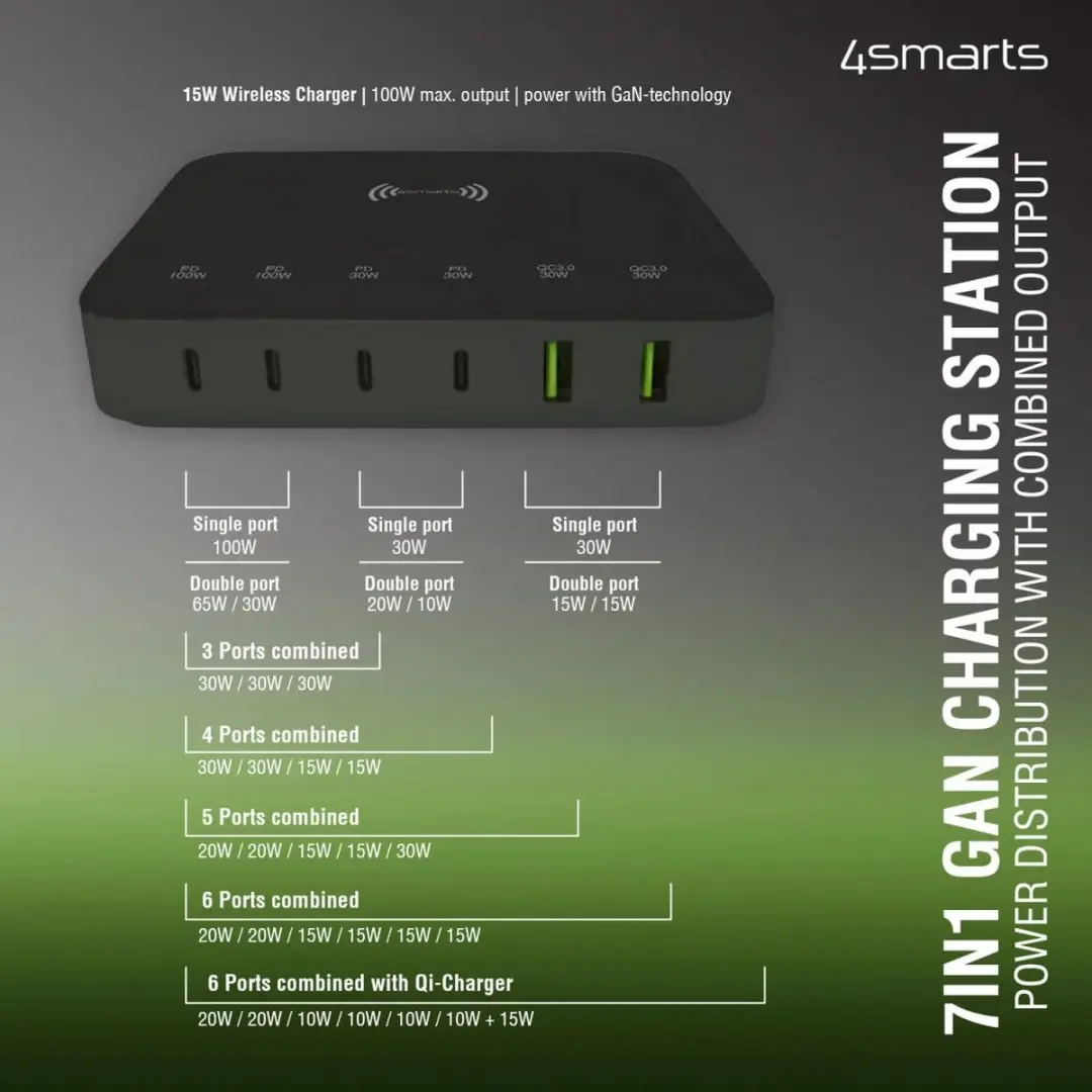 4Smarts 100W 7-in-1 GaN Oplaadstation - Zwart/Grijs - afbeelding 6 van 6