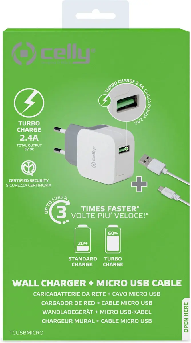 Celly Thuislader Turbo Charger 12W - USB 2.4A - Wit