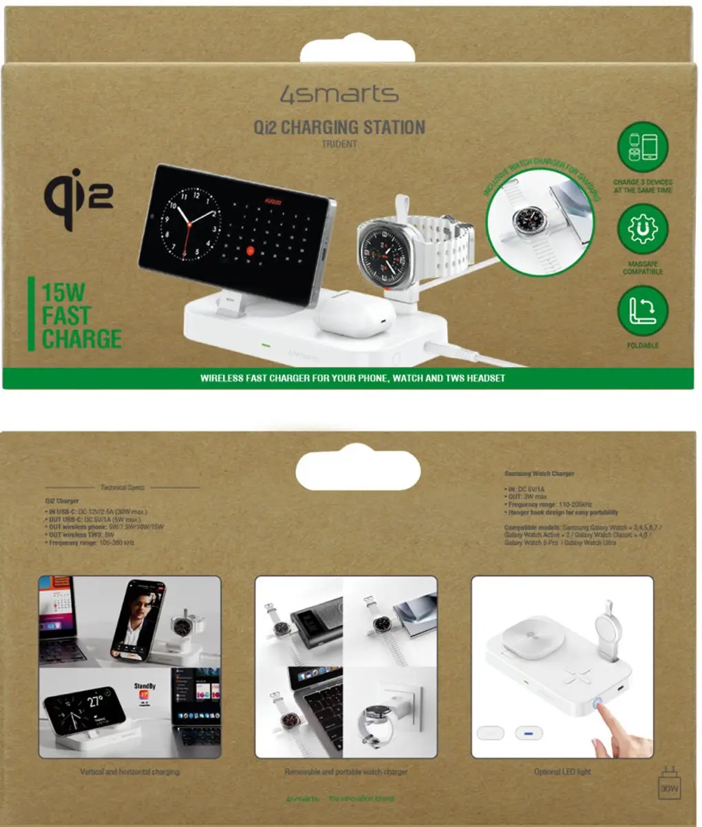 4Smarts Trident Qi2 3-in-1 Draadloos Oplader 25W - Wit