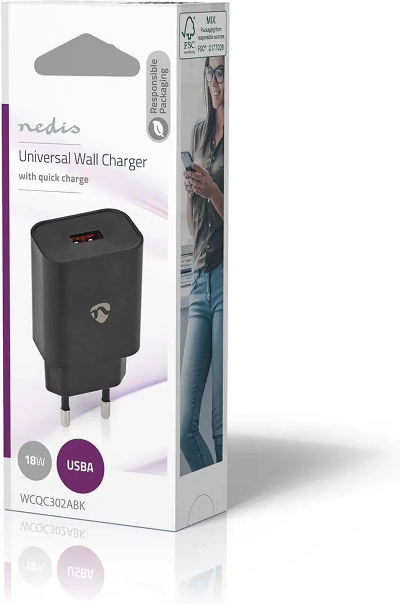 Nedis WCQC302ABK Oplader 18W - USB-A - Zwart