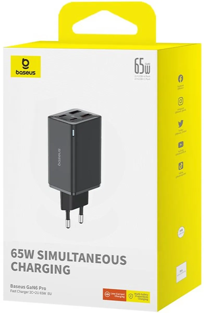 Baseus GaN6 65W USB-C Snellader + 100W Kabel 1m - Zwart