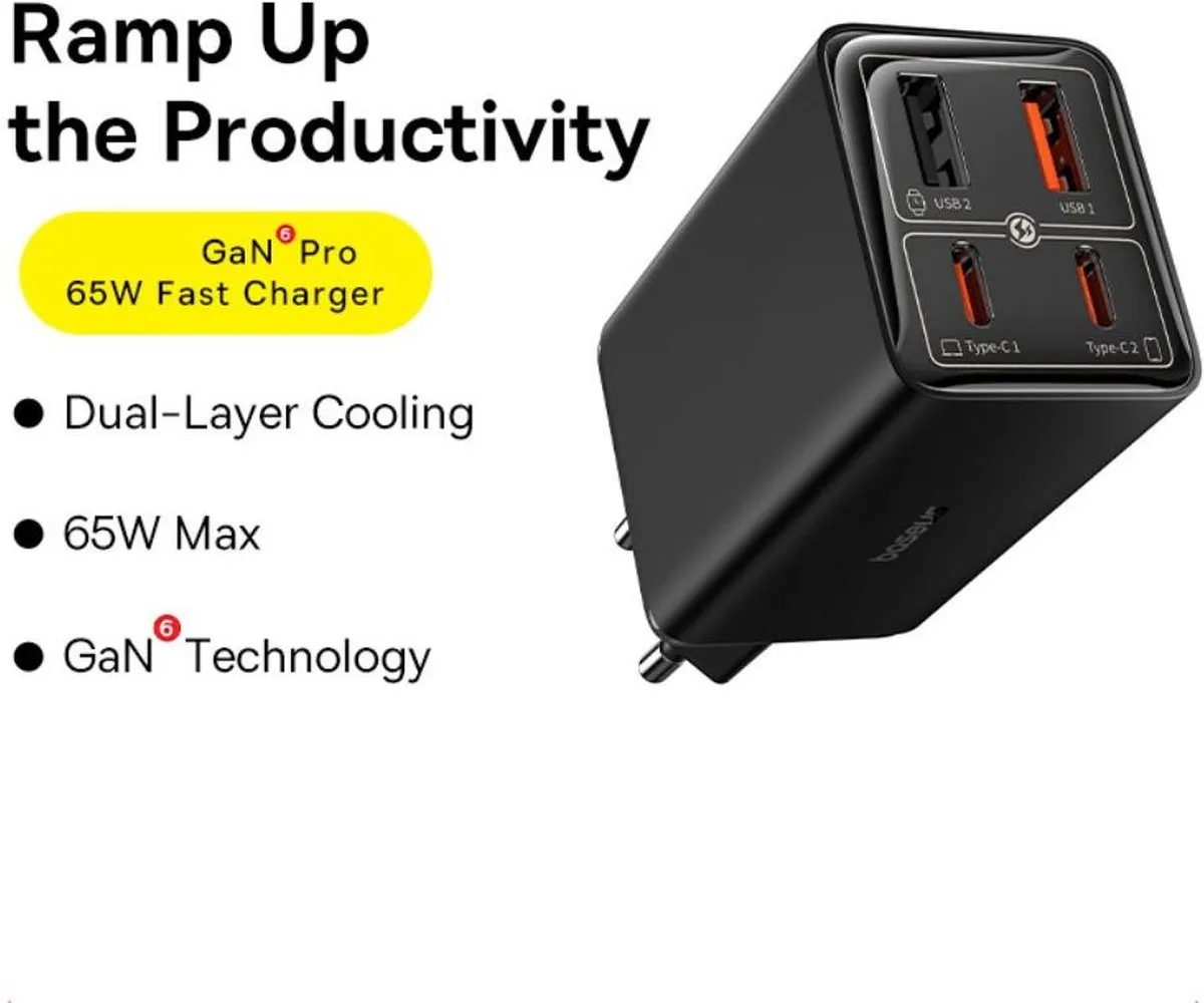Baseus GaN6 65W USB-C Snellader + 100W Kabel 1m - Zwart