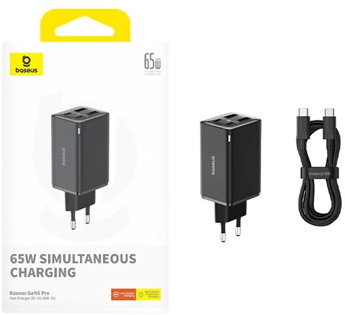 Baseus GaN6 65W USB-C Snellader + 100W Kabel 1m - Zwart