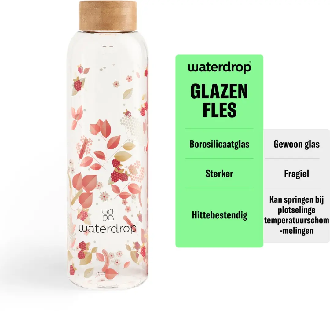 Waterdrop Flair Melange Glazen Drinkfles 600ml - Neopreen hoes & Bamboe dop