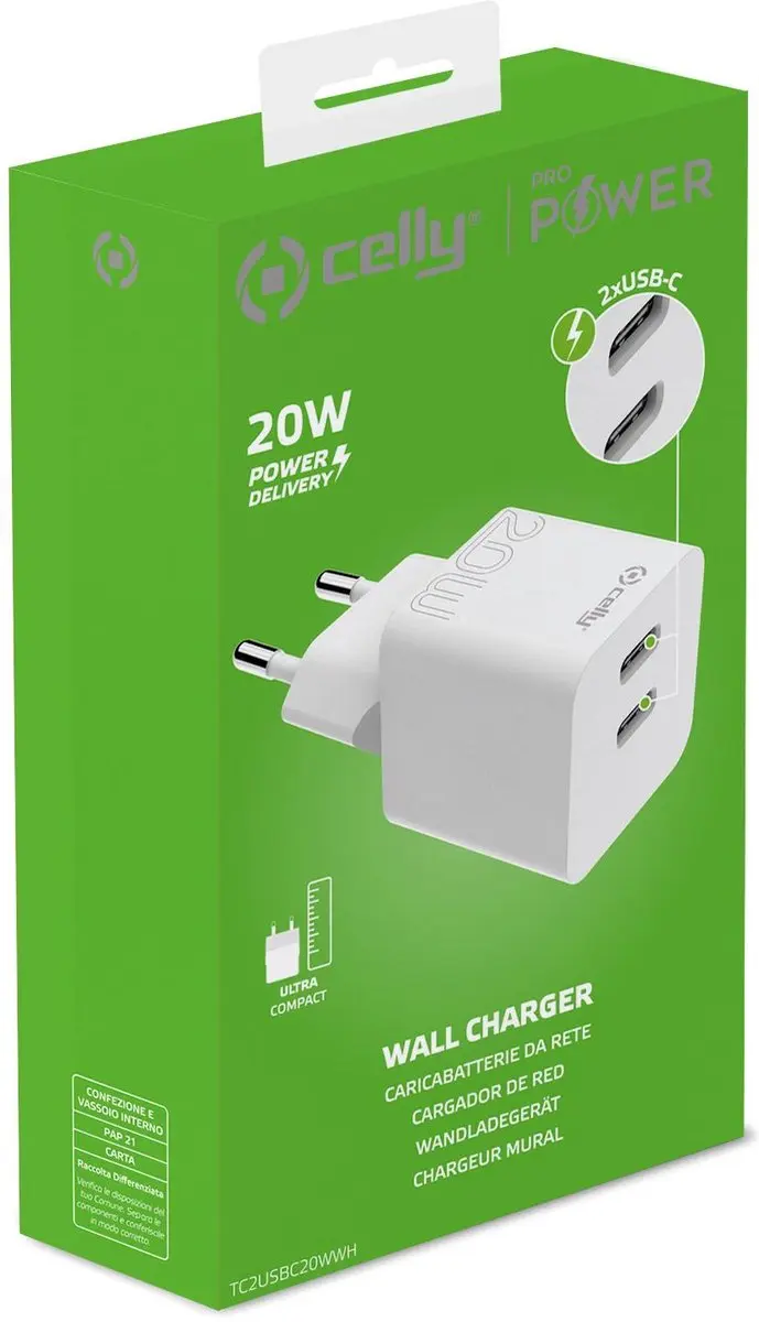 Celly TC2USBC20WWH Oplader 20W - 2x USB - Wit