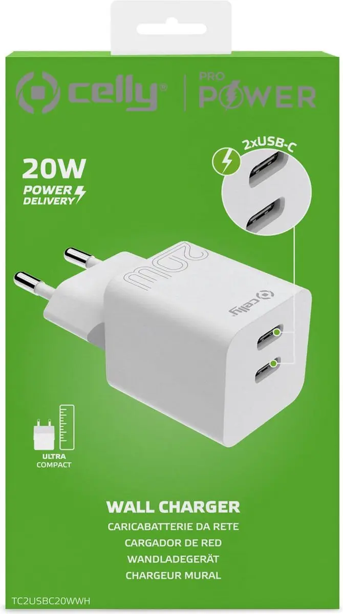 Celly TC2USBC20WWH Oplader 20W - 2x USB - Wit