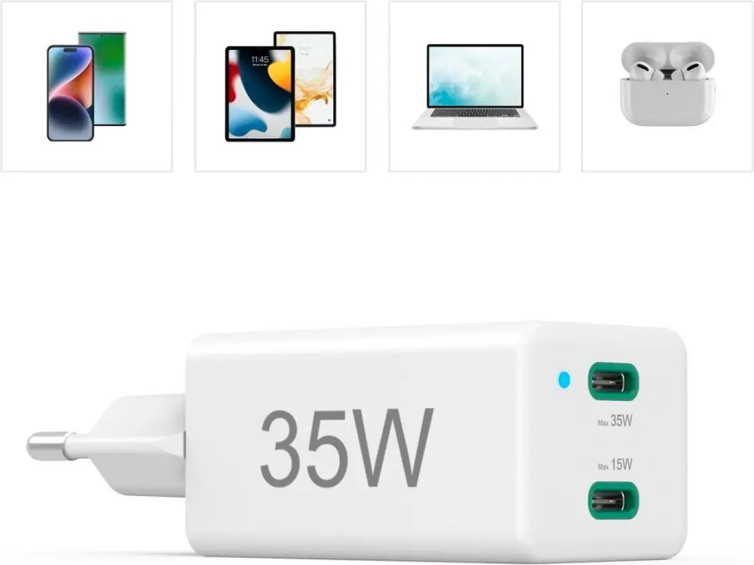Hama 35W Snellader mini - 2x USB-C PD/QC - Wit