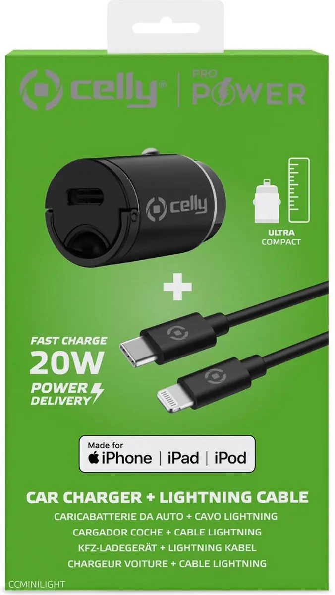 Celly CCMINILIGHT Autolader USBC-Lightning 20W - Zwart