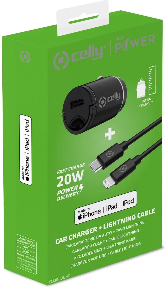 Celly CCMINILIGHT Autolader USBC-Lightning 20W - Zwart