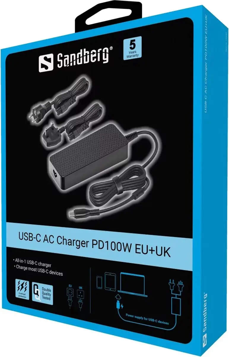 Sandberg 135-82 USB-C AC Adapter 100W - 1.8m - Zwart