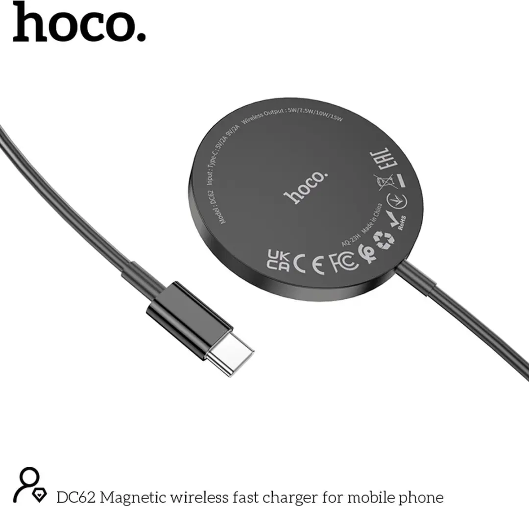 Hoco Magnetische Draadloze Lader 15W MagSafe - Type C - 1m - Zwart